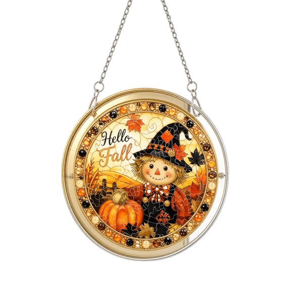 Fall Hanging Decor, 7 Inch Round Fall Stained Glass Window Decor, Indoor Outdoor Fall Wall Decoration, Pumpkin Scarecrow Fall Home Decor for Porch, Translucent Acrylic Panel with