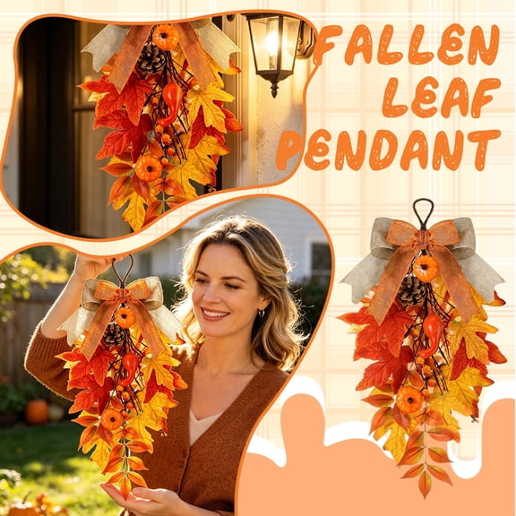 Fall Hanging Decor, Thanksgiving Decorations, Fall Leaves Decor, Faux Pumpkins for Outdoor for Fall Decor, 12X12 Inch Artificial Thanksgiving Hanging Teardrop Ornament with Burlap
