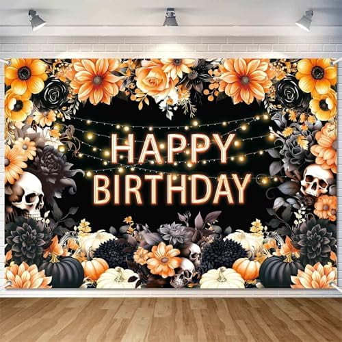 Fall Happy Birthday Halloween Backdrop Banner Orange Floral Skull for ...