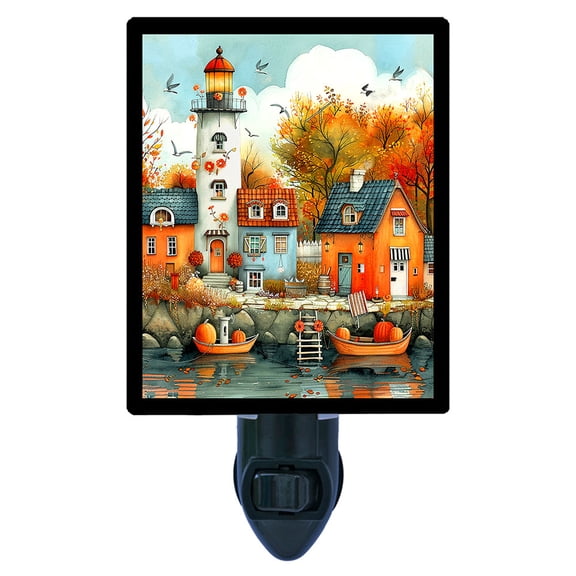 Fall Harbor Lighthouse Night Light  Coastal Autumn Scene with Pumpkins and Boats, Warm Seasonal Dcor, Free Switchable Insert