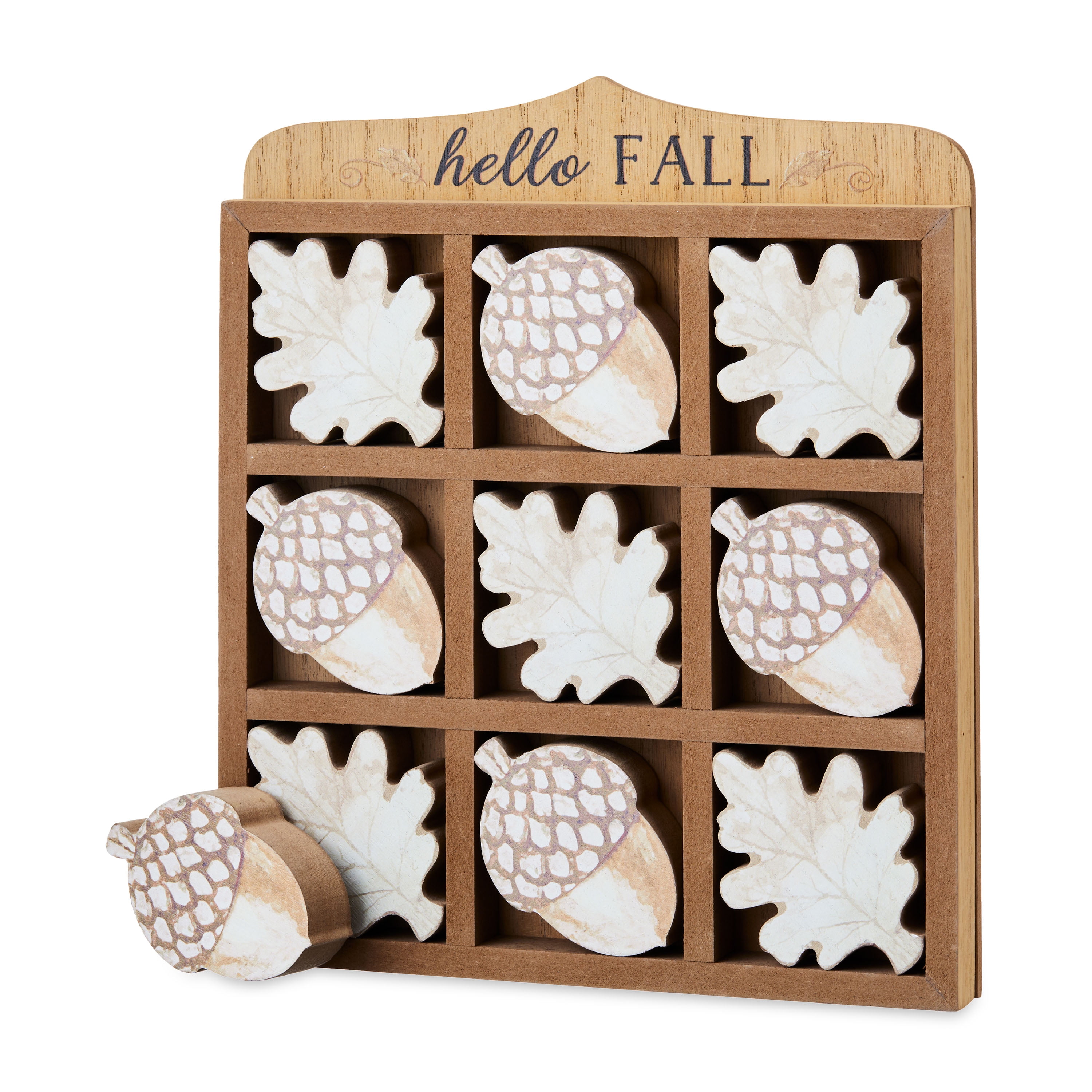 Fall, Harvest 10" MDF Brown "Hello Fall" Oak Leaves/Acorns Tic Tac Toe