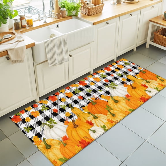 Fall Harvest 2'x6' Runner Rugs for Hallway Walkway Kitchen Galley, Thanksgiving Pumpkins Maple Leaf Black White Checkered Soft Sturdy Washable Mats Non Slip Long Corridor Area Rug
