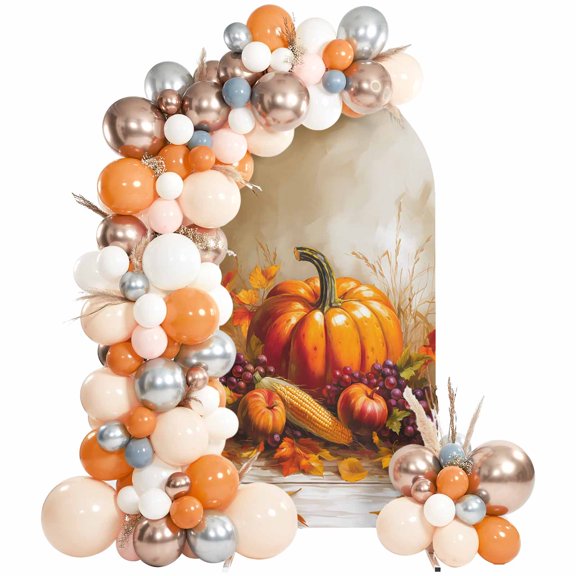Fall Harvest Arch Backdrop Covers 4 FT, Orange Pumpkin Grape Corn Maple Leave Stretchy Fitted Arched Stand Covers Party Arch Stand Cover Photo Booth for Wedding Birthday Decor