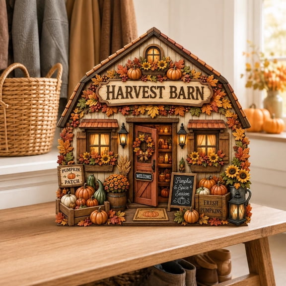 Fall Harvest Barn Wooden Block, Pumpkin Patch Decor, Autumn Farmhouse Shelf Sitter, Thanksgiving Mantel Decor, Fall Home Gift