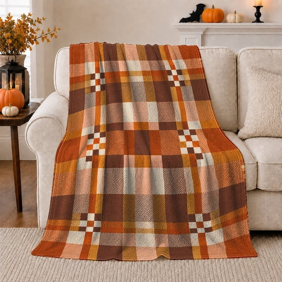 Fall Harvest Bat Autumn Plaid, Festive autumn celebration Scene, Warm Flannel Blanket for Ranch House and Living Room with Detailed Artwork, Art Lovers autumn celebration Gift, Festive Home Decor
