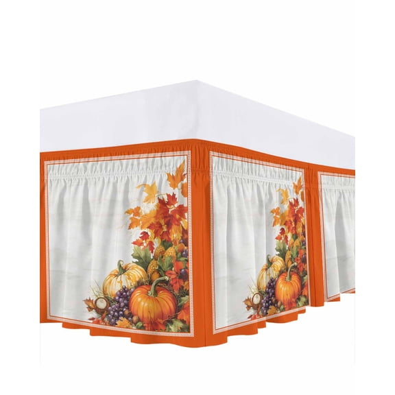Fall Harvest Bed Skirt Pumpkins Grape Maple Leaves Orange Border Bed Skirts Queen Size 16 Inch Drop, Wrap Around Dust Ruffle&nbsp;Bedskirt with Adjustable Elastic Belt for Queen Size Beds