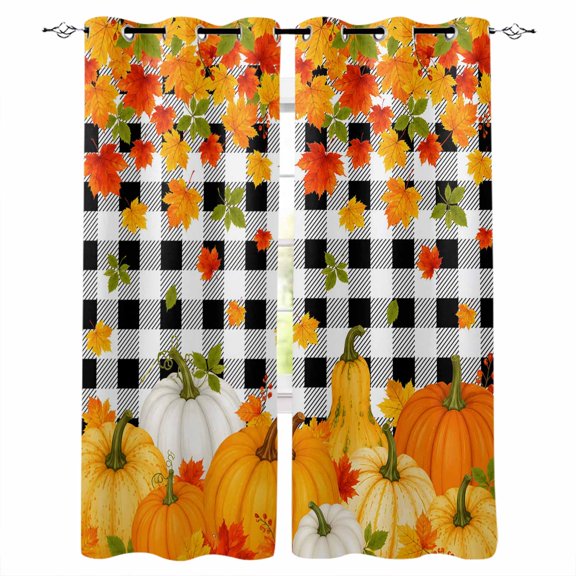 Fall Harvest Blackout Curtains for Bedroom Living Room, Thanksgiving Pumpkins Maple Leaf Black White Checkered 39 In Long Thermal Insulated Room Darkening Drapes Grommet Window Treatment 27.5 x 39 In