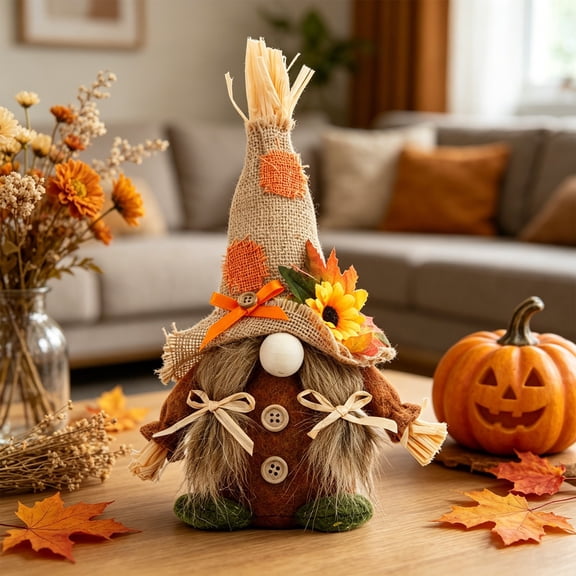 Fall Harvest Burlap Gnome Plush Figurine, Sunflower Maple Leaf Faceless Doll for Autumn Thanksgiving Tabletop Decor