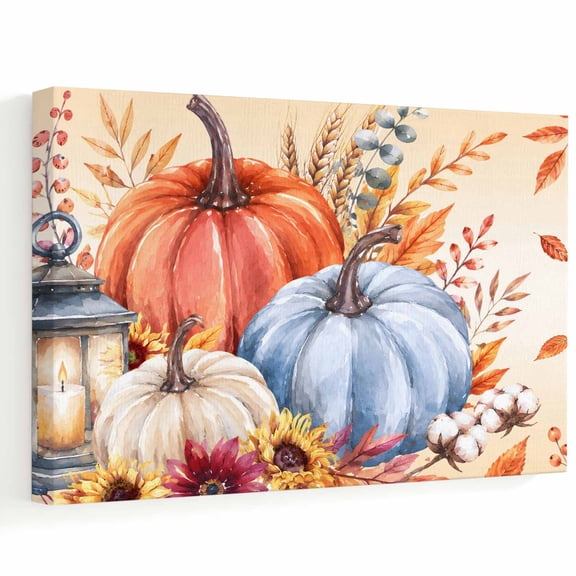 Fall Harvest Canvas Wall Art 18" x 12" Thanksgiving Orange Blue Pumpkins Leaves Bird Ombre Frame Picture Prints, Ready to Hang Waterproof Artwork Decor for Living Room, Bedroom, Office Hallway
