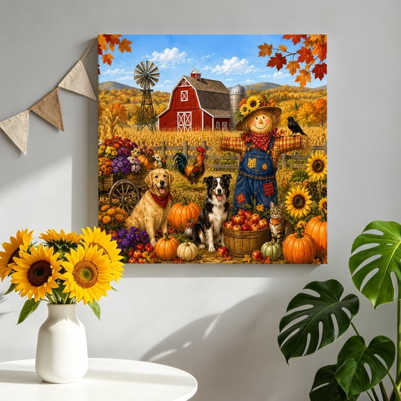 Fall Harvest Canvas Wall Art for Living Room, Farm Scarecrows Pumpkins Red Barn Cat Dog Maple Leaf Poster Print Painting for Bedroom Office Home Decoration Wall Pictures Prepare To Hang 8"x8"