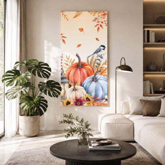 Fall Harvest Canvas Wall Art for Living Room, Thanksgiving Orange Blue Pumpkins Leaves Bird Ombre Poster Print Painting for Bedroom Office Home Decoration Wall Pictures Prepare To Hang 30"x60"
