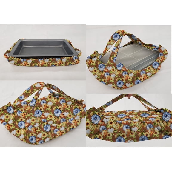 Fall Harvest Casserole Baking Pan or Pie Plate Cozy and Carrier by Penny's Needful Things (Large Casserole Carrier) (Pumpkins on Brown)