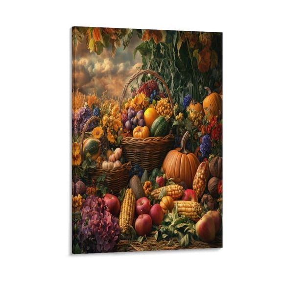 Fall Harvest Celebrates Artwork Print Painting 16x24inch Canvas Prints Harvest of Autumn Fruits And Vegetables Canvas Wall Art for Bedroom Bathroom Decor Wall Art Framed Artwork