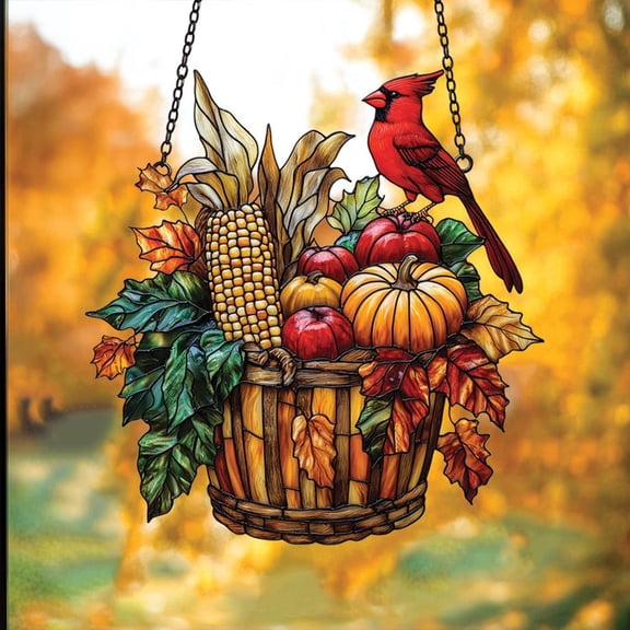 Fall Harvest Cornucopia Acrylic Window Hanging Suncatcher  Faux Stained Glass Basket With Pumpkins, Cardinal And Autumn Home Decor
