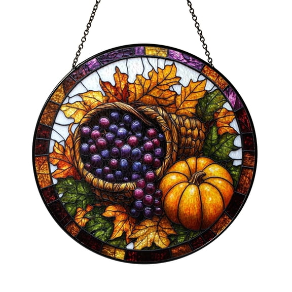 Fall Harvest Cornucopia Scene Stained Glass Window Hanging, Decorative Seasonal Suncatcher Art Accent