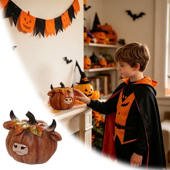 Fall Harvest Cow Pumpkin Resin Statue Halloween Themed Farm Animal Decorative Figurine for Fireplace Mantel Tabletop Entryway Indoor Autumn Season Home Display Ornament