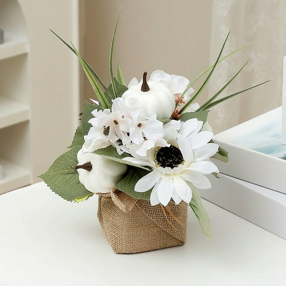 Fall Harvest Decorations Set - Artificial White Pumpkin with Maple Leaves, Berries & Pine Cones - Farmhouse Thanksgiving Table Centerpiece, Wreath Ornament for Home, Porch, Mantel Decor (20x20x20cm)