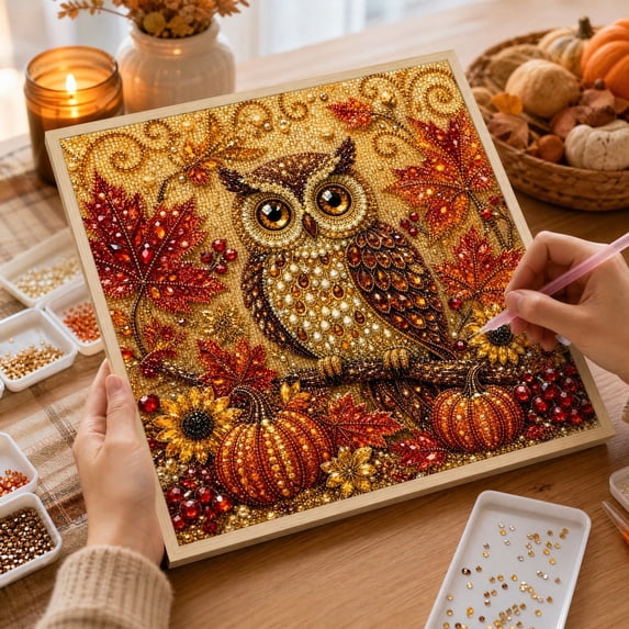 Fall Harvest Diamond Art Kit Owl Themed Crystal Bead Mosaic Picture Relaxing Hand‑made Project for Indoor Wall Ornament