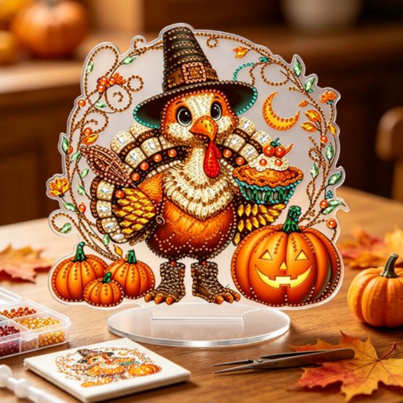 Fall Harvest Diamond Painting Stand, Thanksgiving Turkey Pumpkin Diamond Art Tabletop Sign Acrylic Desktop Decor
