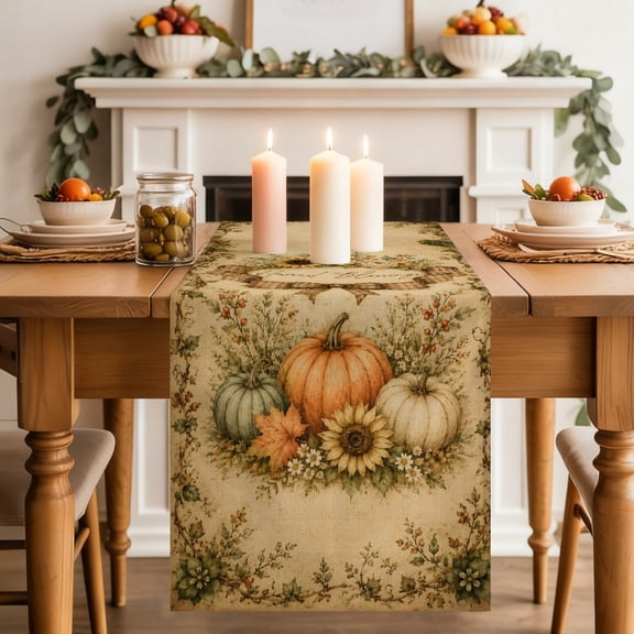 Fall Harvest Dining Table Runner, Pumpkins Sunflowers Harvest Blessings Rustic Washable Table Runners Kitchen Coffee Table Center Decor for Home Party Holiday Wedding 13 x 48 Inches