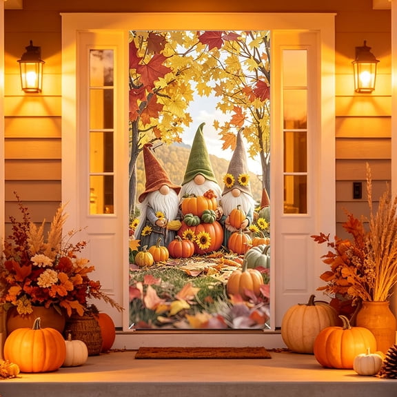 Fall Harvest Door Cover, 180 x 90 cm, Woodland Gnome and Pumpkin Scene Print, Seasonal Fabric Decoration for Entryways and Autumn Celebrations