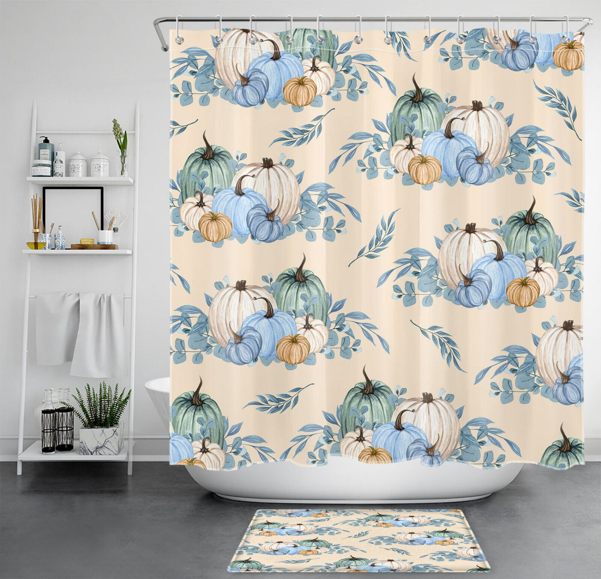 Fall Harvest Eucalyptus Leaf Bathroom Decor Set with Beige Pumpkin