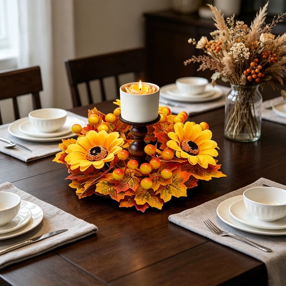 Fall Harvest Festival Artificial Maple Leaf, Berry, and Pinecone Wreath, 7.87 Inch Hollow Candle Ring Mini Table Center Wreath For Thanksgiving Halloween Farmhouse Dining Table Decor(E)