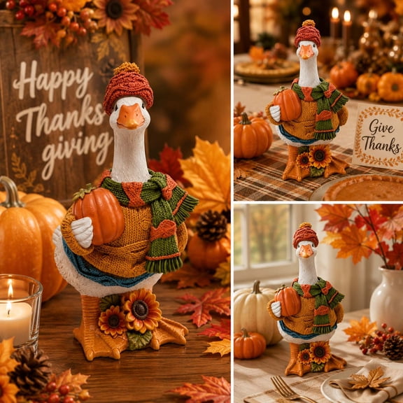 Fall Harvest Figurine Resin Goose Statue with Knit Hat Scarf and Pumpkin Thanksgiving Tabletop Decor(Multicolor)