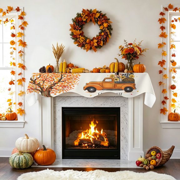 Fall Harvest Fireplace Mantel Scarf, Thanksgiving Truck Pumpkin Trees Leaves Mantel Scarf Scarves Fireplace Top Runner Cover for Holiday Party Home Decorations 60x17in