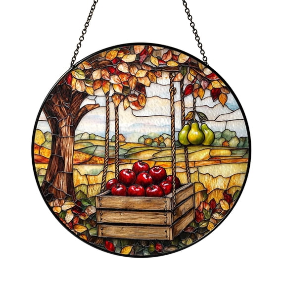 Fall Harvest Fruit Scene With Apples Pears Stained Glass Style Window Hanging Suncatcher, Cozy Seasonal Decor Gift