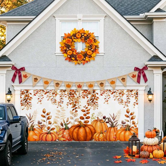 Fall Harvest Garage Door Banner Covers, Thanksgiving Country Farm Orange Pumpkin Maple Leaf Large Hanging Indoor/Outdoor Backdrop Background for Christmas Winter Party Decor, 6.9x8ft