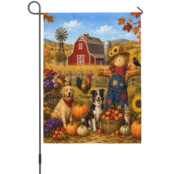 Fall Harvest Garden Flag 12x18 Inch Farm Scarecrows Pumpkins Red Barn Cat Dog Maple Leaf Double Sided Outdoor Garden Flags Welcome House Flag Decorative Yard Flags for Outside Holiday Decoration