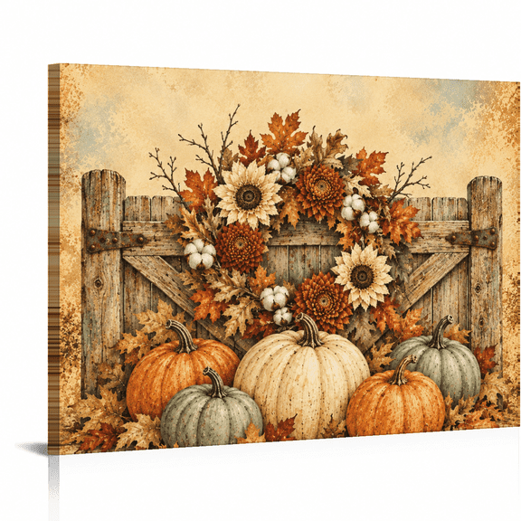 Fall Harvest Halloween Canvas Wall Art, Vintage Rustic Pumpkin Autumn Wreath Print, Warm Beige Orange, 20 x 16 Inch
