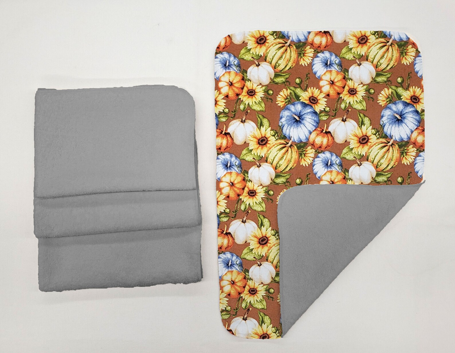 Fall Harvest Hand Towels (Set of 4) by Penny's Needful Things (Towel Color: Gray) (Pumpkins on Brown)
