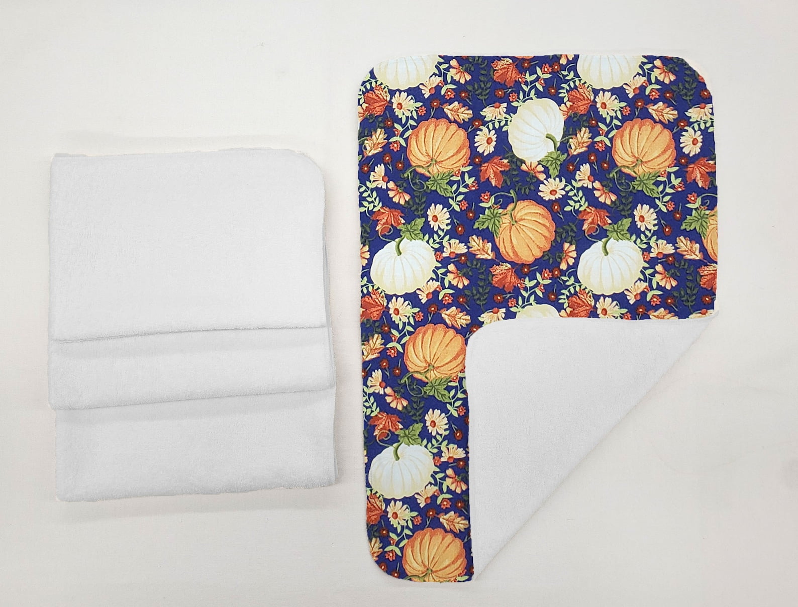Fall Harvest Hand Towels (Set of 4) by Penny's Needful Things (Towel Color: White) (Pumpkins on Purple)