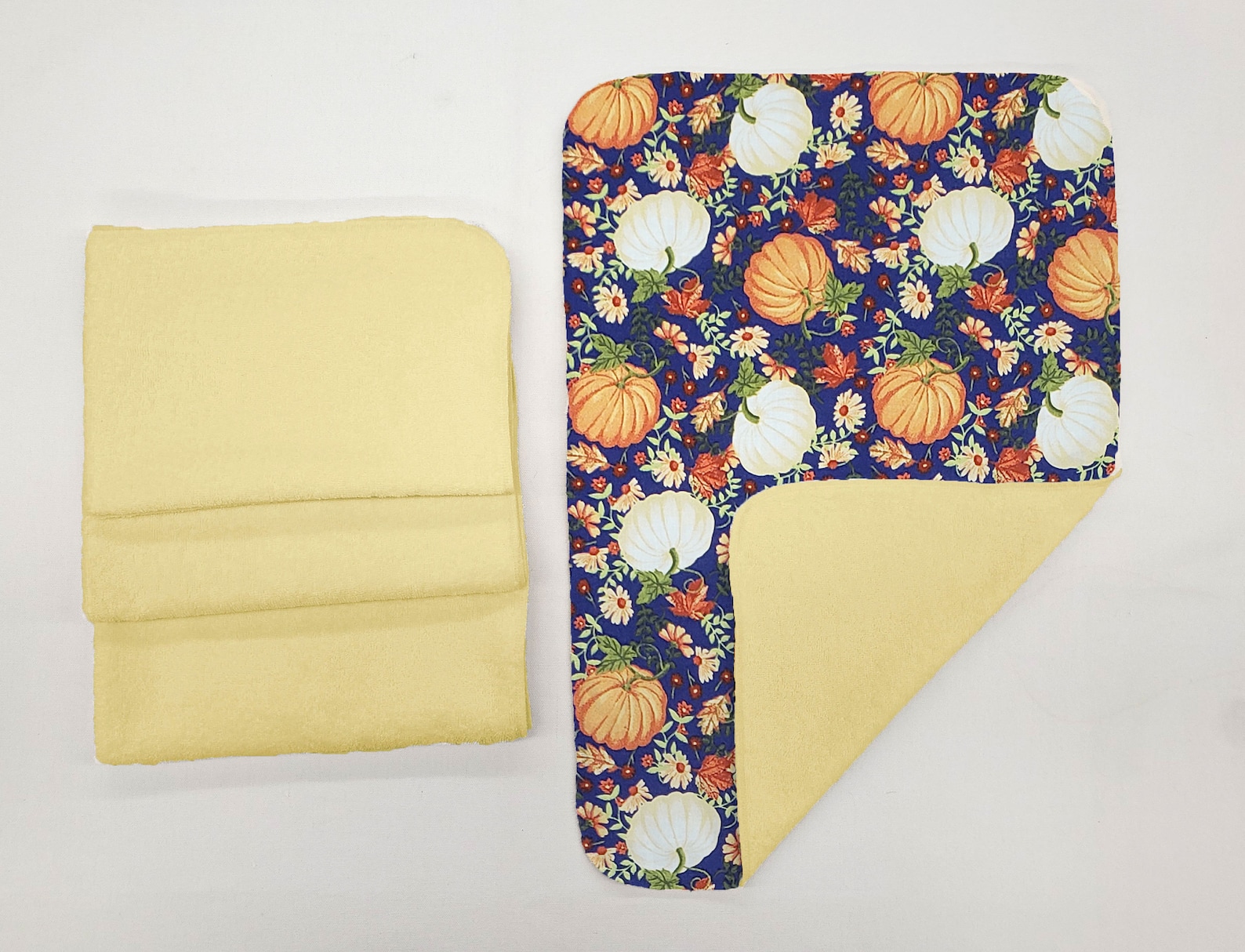 Fall Harvest Hand Towels (Set of 4) by Penny's Needful Things (Towel Color: Yellow) (Pumpkins on Purple)