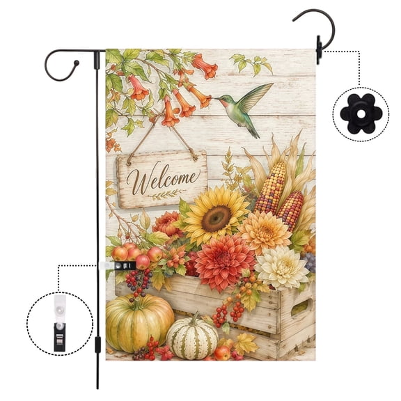 Fall Harvest Hummingbird Garden Flag Outdoor Flags for Garden UV Resistant Autumn Yard Flag Premium Polyester Seasonal Outdoor Garden Flags for Outside Lawn Patio Farmhouse Decor
