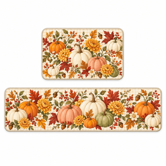 Fall Harvest Kitchen Rug Set, Beige Plaid with Pumpkin & Fall Foliage Print, 16x24 in 18x48 in, 2 Piece
