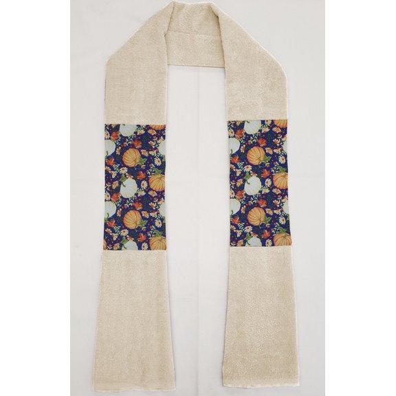Fall Harvest Kitchen Towel Boa / Scarf by Penny's Needful Things (Towel Color: Off White) (Pumpkins on Purple)