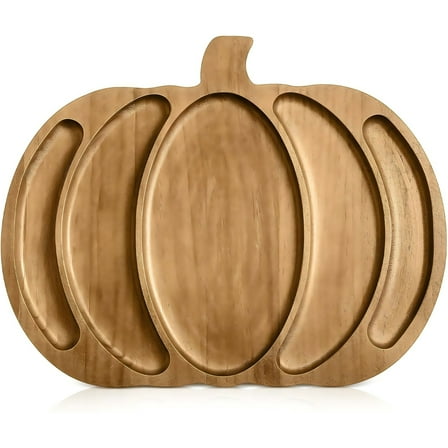Fall Harvest Large Pumpkin Wooden Serving Platter 9x12 in Rustic Pumpkin Snack Fruit Meat Cheese Board Charcuterie Board Sectional Dish Plate for Thanksgiving