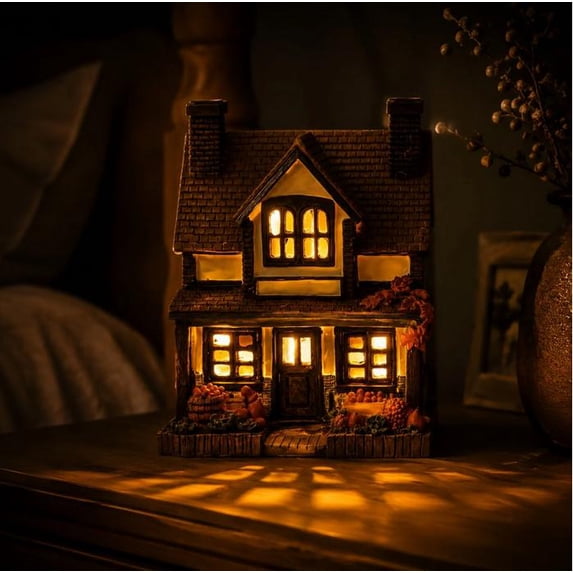 Fall Harvest Light Up House Set, 5.9" Resin Pumpkin Cottage Figurines with LED Lights for Autumn and Thanksgiving Decor