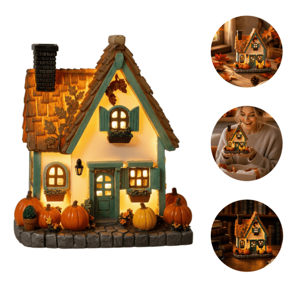 2026 Fall Pumpkin Light Up House Set, Resin Pumpkin Cottage Figurines with LED Lights for Autumn and Thanksgiving Decor