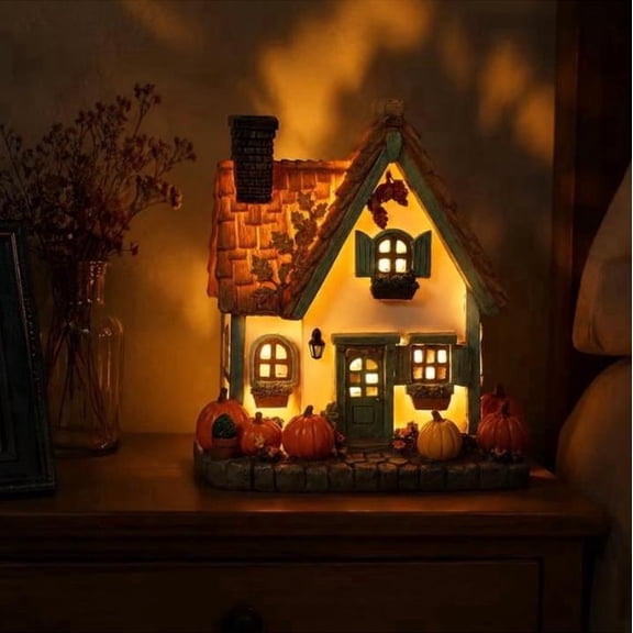 Fall Harvest Lighted Resin Cottage Figurines, 7.5 Inch LED Light Up Pumpkin & Fruit Harvest House Set for Thanksgiving Autumn Tabletop Home Decor