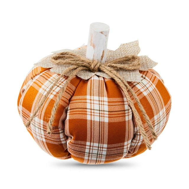 Fall, Harvest Orange Plaid Fabric Pumpkin Tabletop Decoration, 6", by