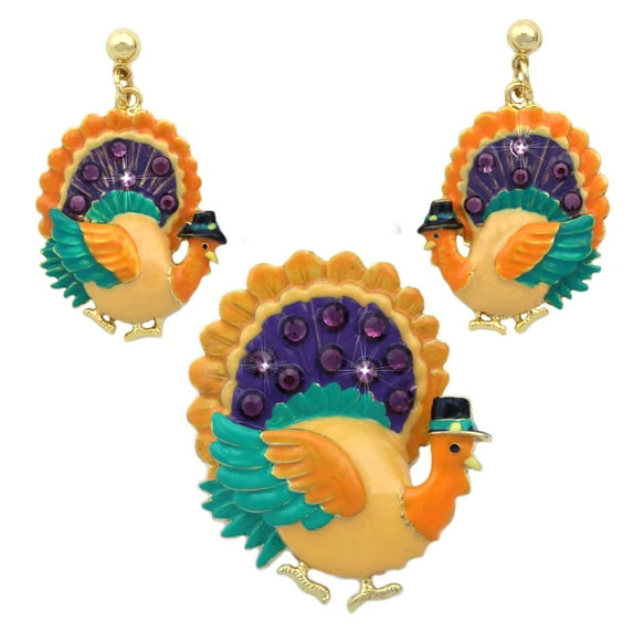 Fall Harvest Orange Purple Turkey Earrings Brooch Set Thanksgiving Halloween Jewelry