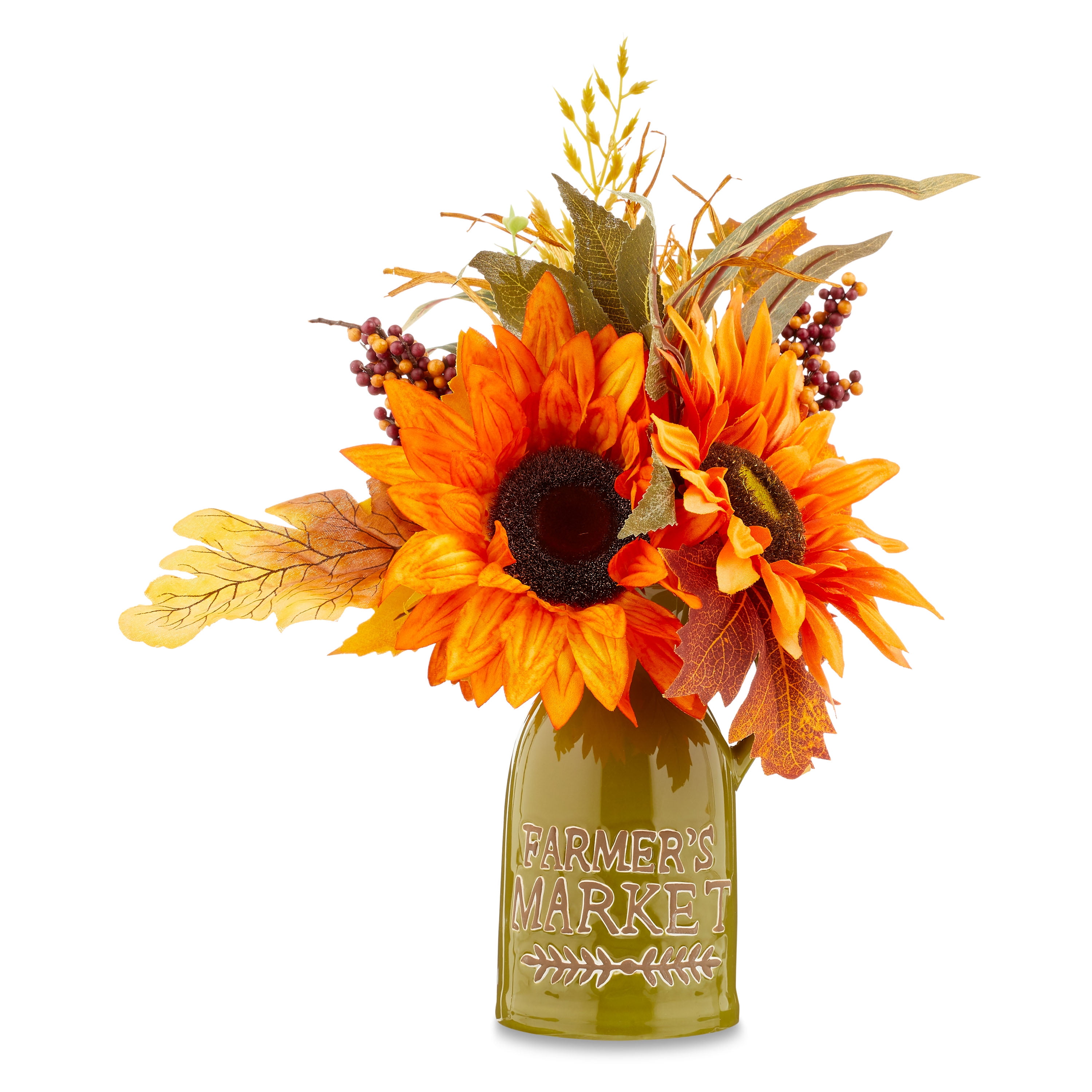Fall, Harvest Orange Sunflower Arrangement in Green Ceramic Pot Tabletop Decor, 16", by Way To