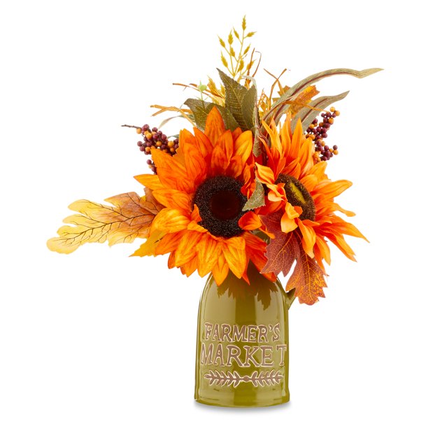 Fall, Harvest Orange Sunflower Arrangement in Green Ceramic Pot Tabletop Decor, 16", by Way To