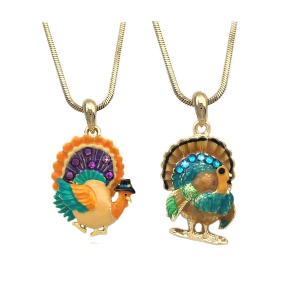 Fall Harvest Orange Teal Turkey Necklace Set Thanksgiving Halloween Jewelry