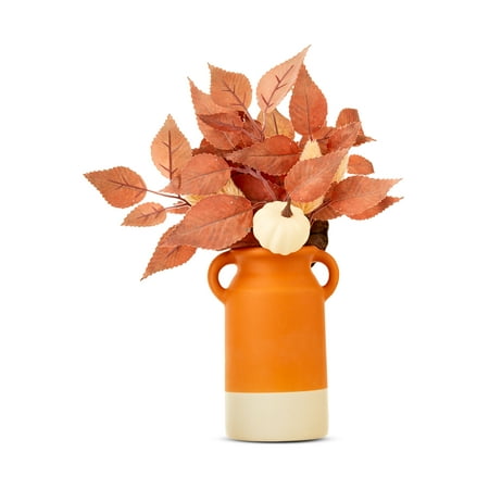 Harvest Orange & Cream Pottery Vase with Leaves Indoor Table Decor by Way To Celebrate