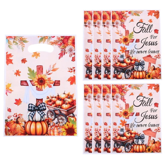 Fall Harvest Treat Bags 100 Count Cross Pumpkin Sunflower Maple Leaf Printed Goodie Bags DieCut Handle for Thanksgiving Autumn Party Favor Candy Gift Packaging